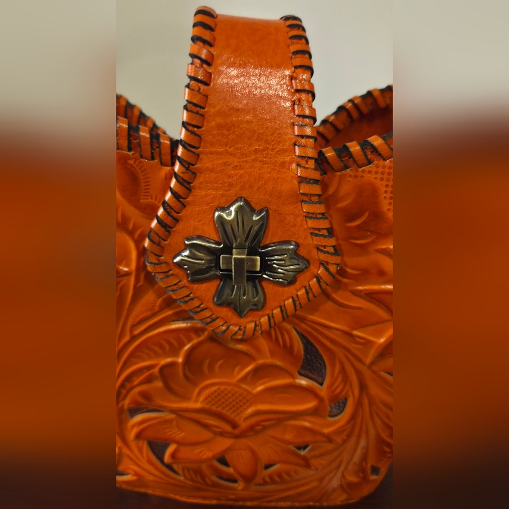Patricia Nash Leather Cut Out Tooled Ninetta Tote Bucket Hobo Bag Orange - Picture 4 of 12